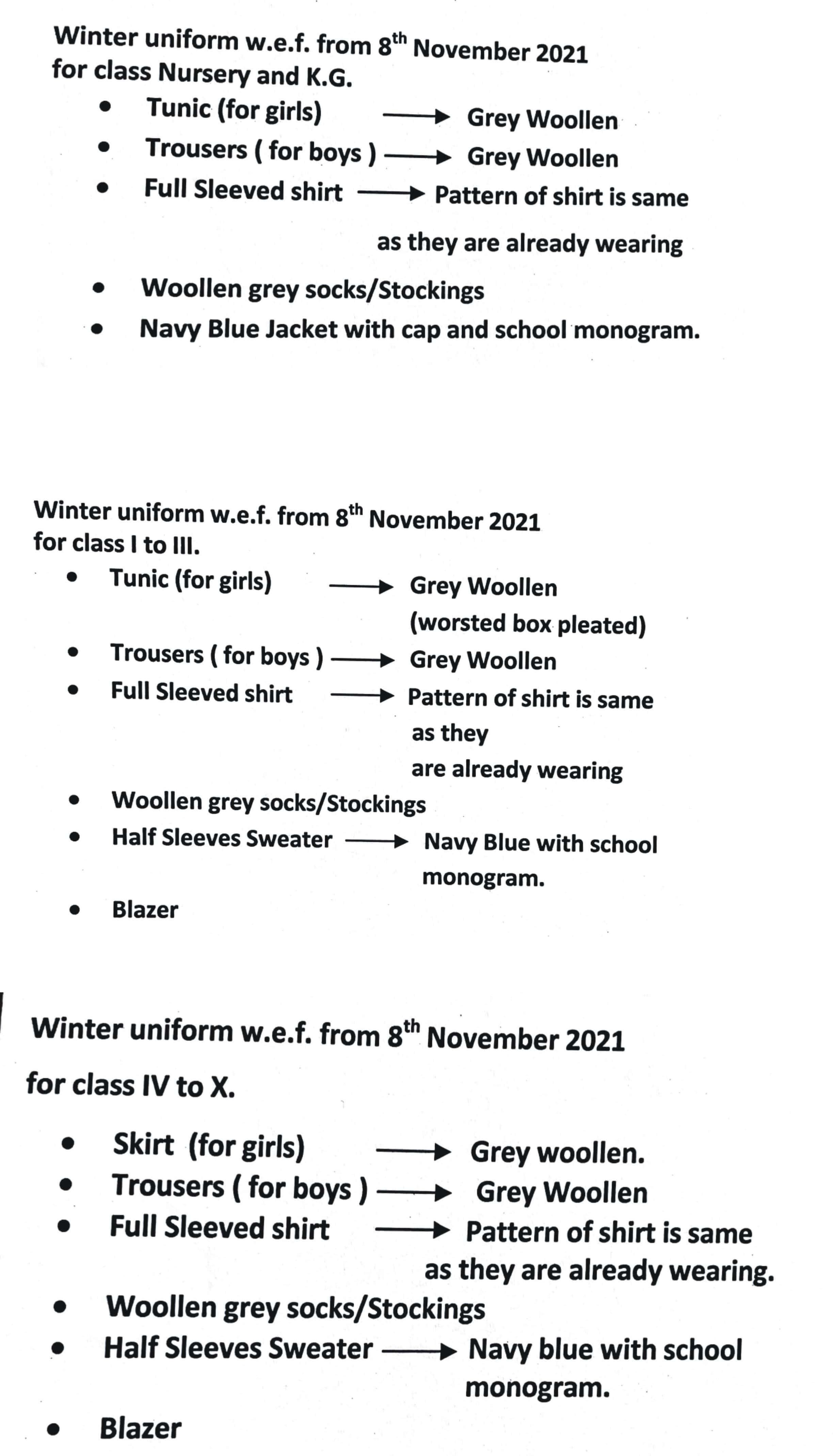 Winter uniform w.e.f from 8th November 2021